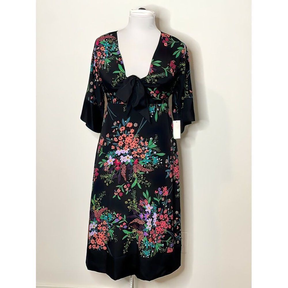 Trina Turk Women Black Floral 3/4 Sleeve Fit & Flare A-Line Dress 4 NWT